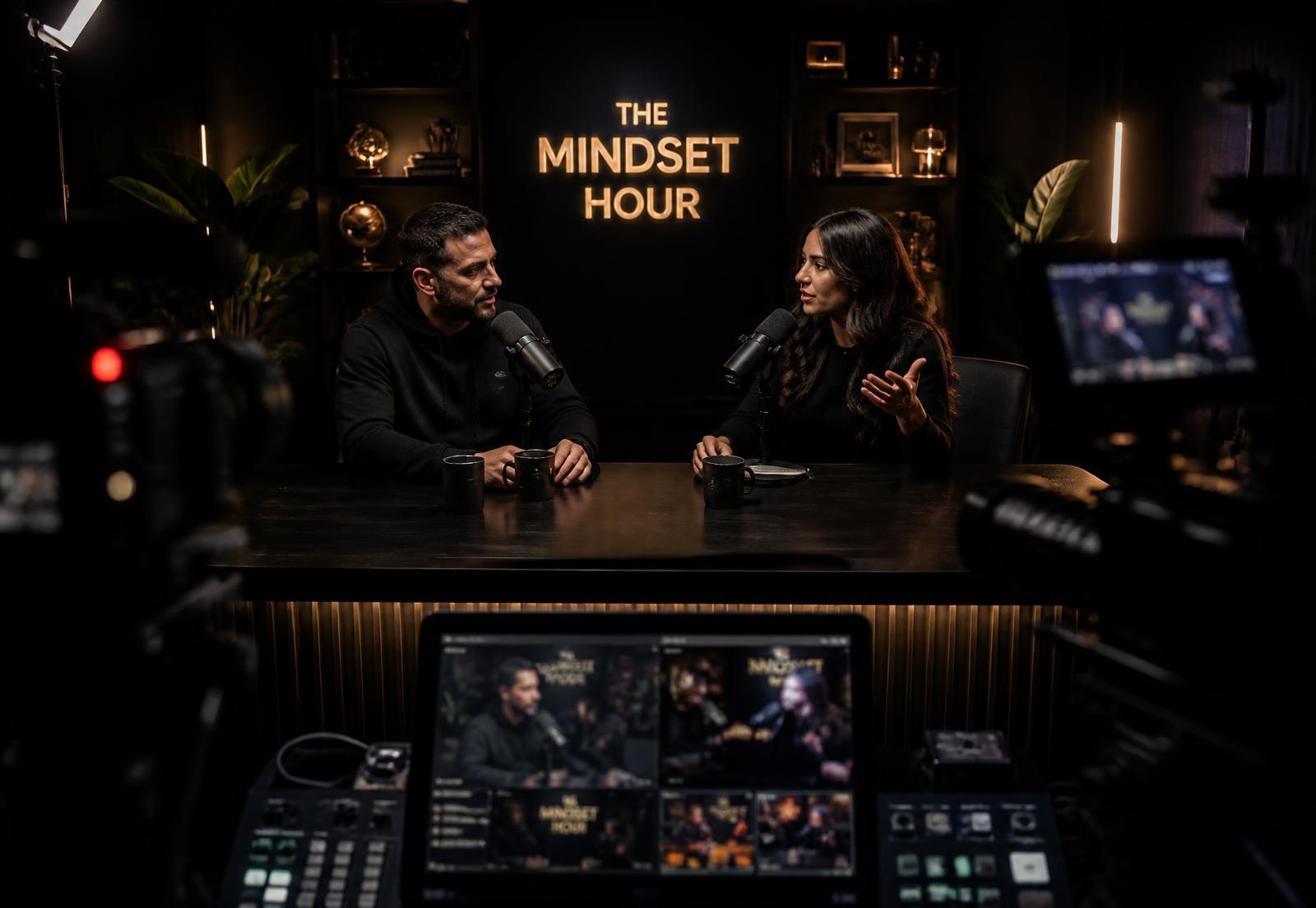 Two hosts recording a podcast in a professional studio