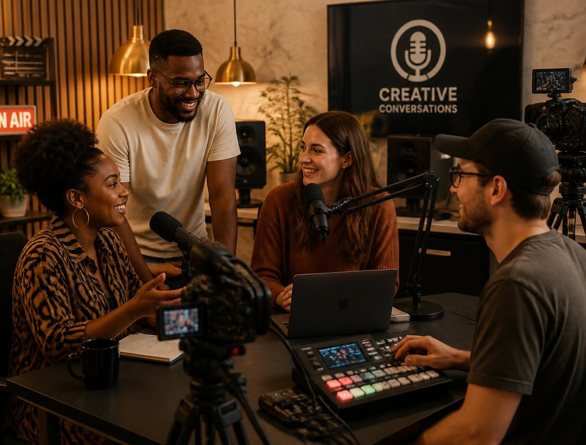 Camera crew filming in a production studio
