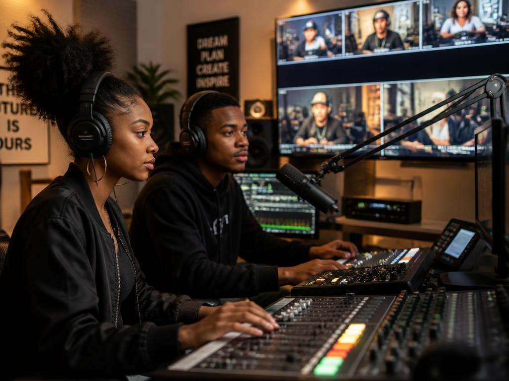 A young African American woman and man working together at a studio control desk and mixing console