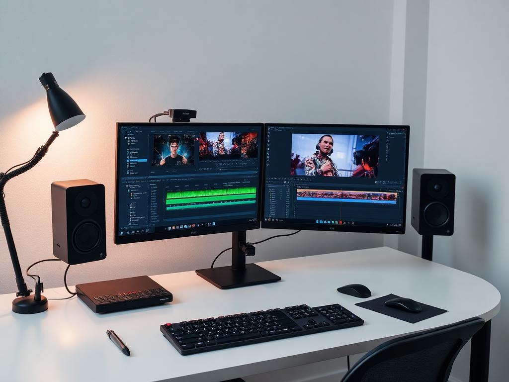 Editing suite with dual monitors running video editing software and studio speakers