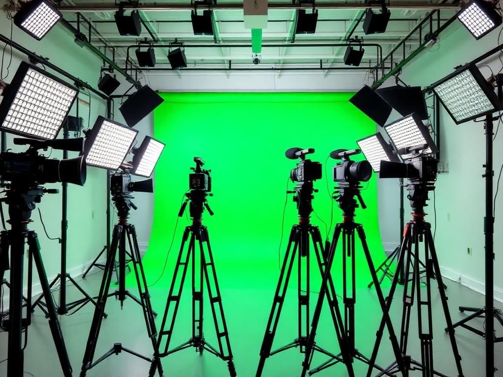 Video production stage with multiple cameras and LED lighting